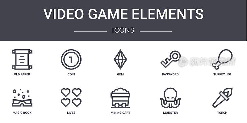 视频游戏元素概念线图标集。包含可用于web, logo, ui/ux的图标，如硬币，密码，魔法书，采矿车，怪物，火炬，土耳其腿，宝石